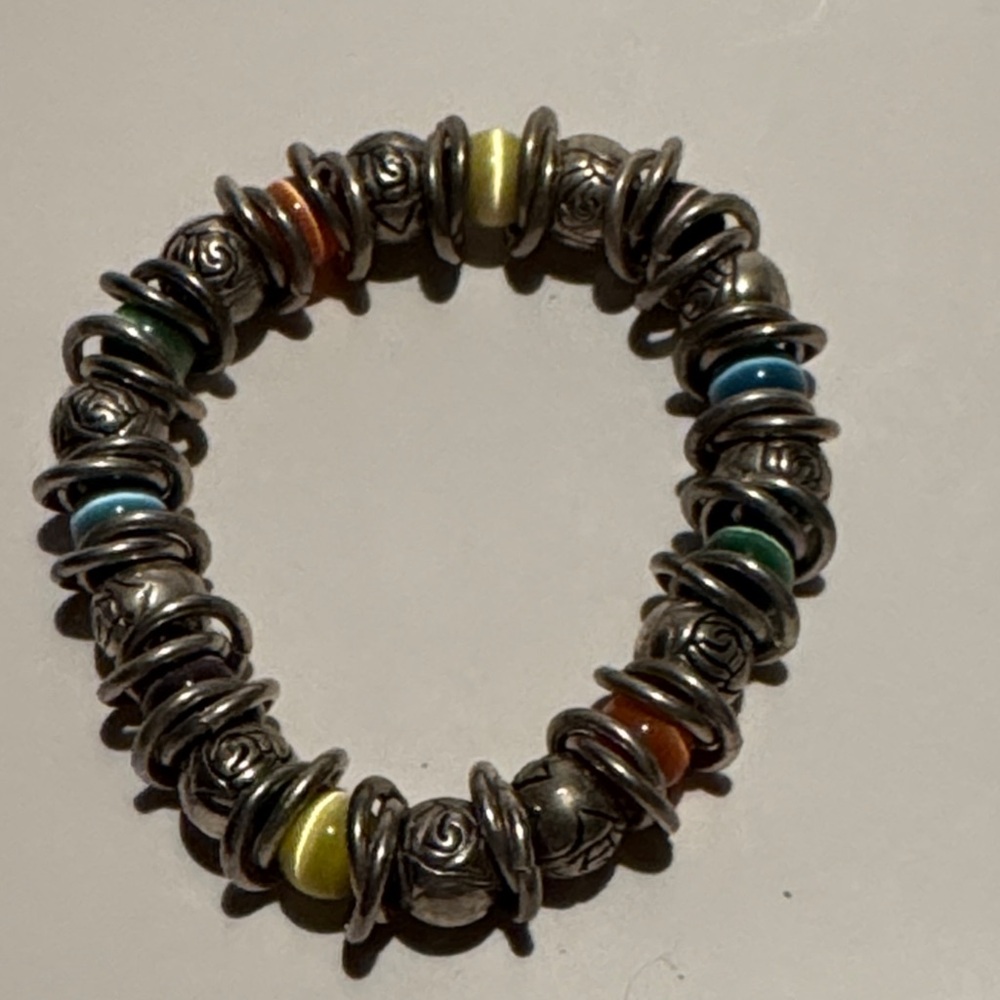 Silver Tone Beaded Bracelet with Multicolor Cat Eyes
